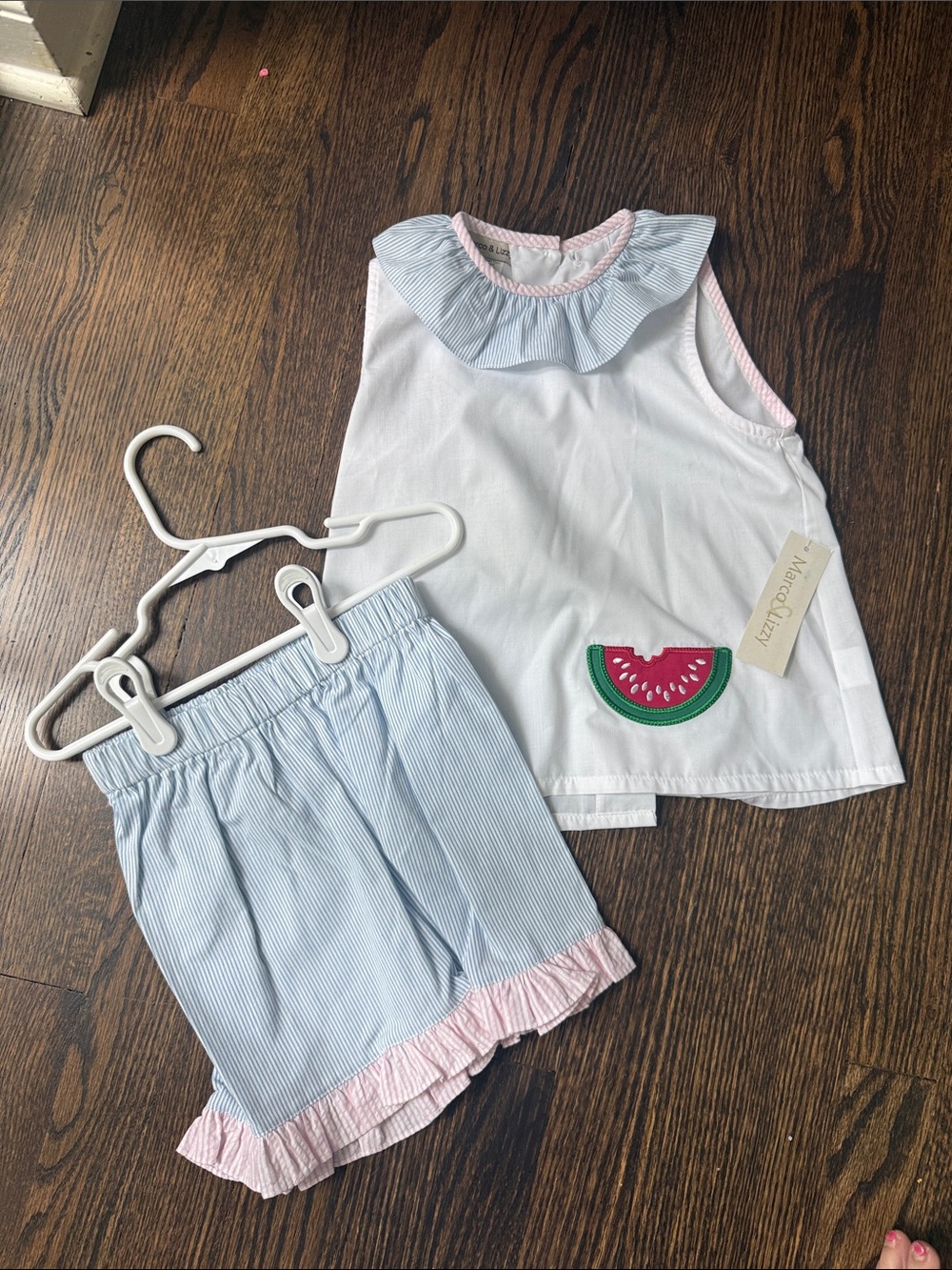 White Sleeveless Top & Blue Pinstripe Shorts Set with Watermelon Patch